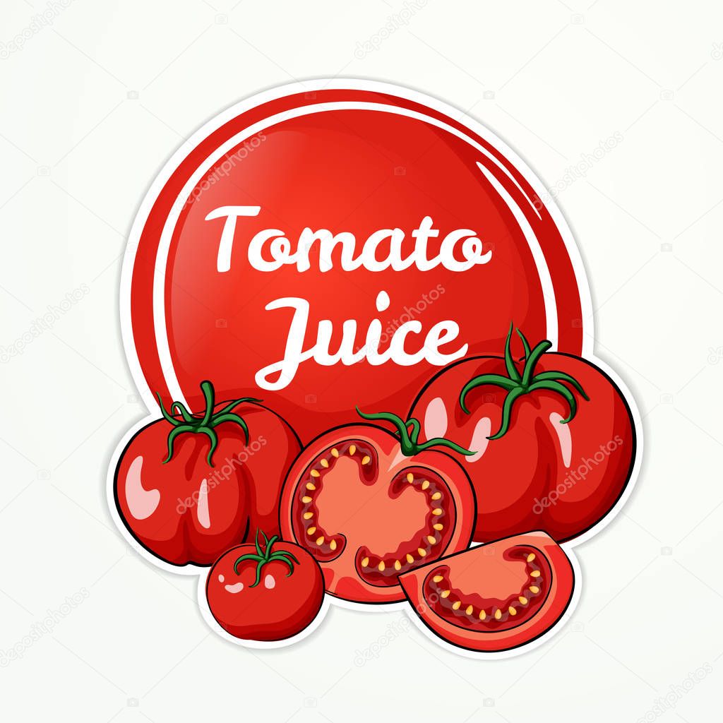Cartoon illustration of tomato juice logo, label, sticker with fresh ripe red tomatoes. Whole tomatoes, half and slice.