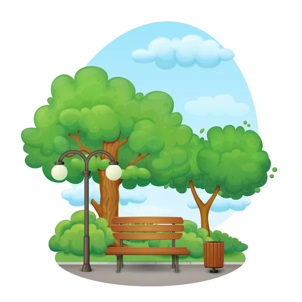 Park nyomvonal a padon, az utcai lámpa és a szemetet is. Nyári napon. — Stock Vector