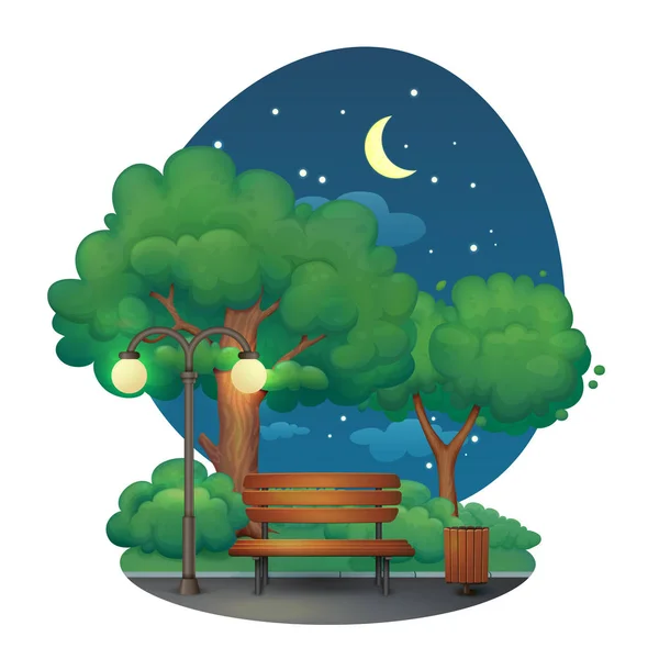 Casa de dibujos animados en noche de verano con un árbol, un abeto