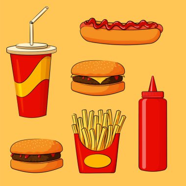 Hamburger, çizburger, ketçap, kızarmış patates, içecek ve sosisli sandviç
