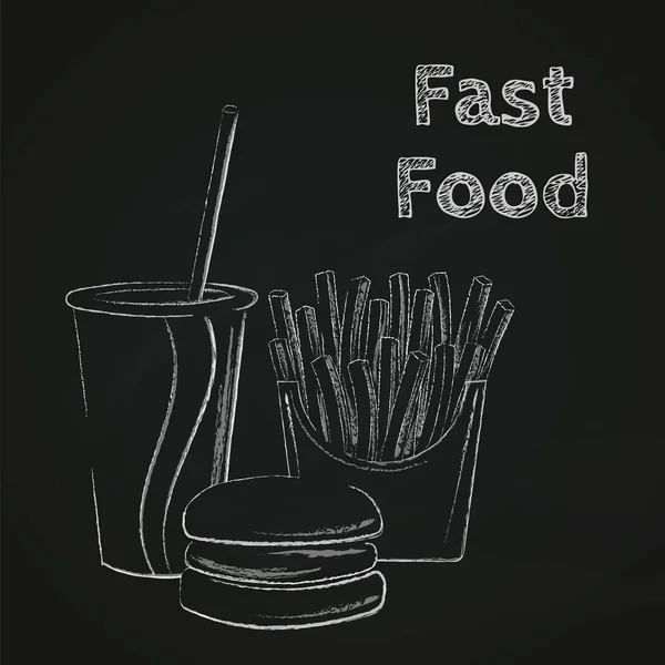 Siluetas de tiza de comida rápida. Hamburguesas, papas fritas y refrescos . — Archivo Imágenes Vectoriales