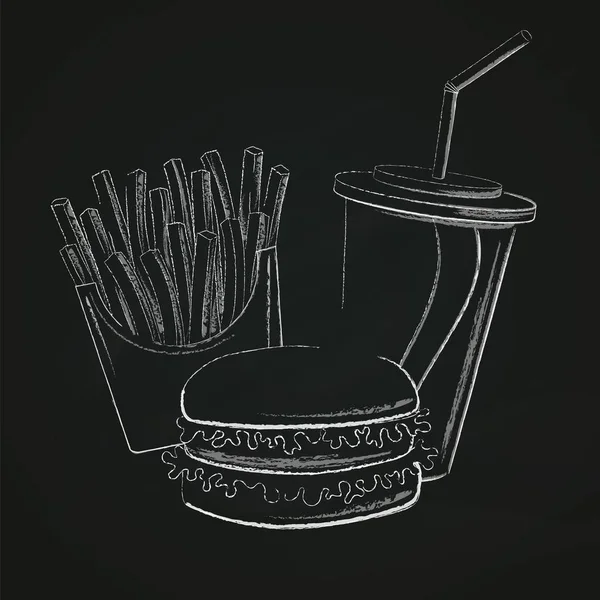 Siluetas de tiza de comida rápida. Hamburguesa con ensalada, papas fritas y — Archivo Imágenes Vectoriales
