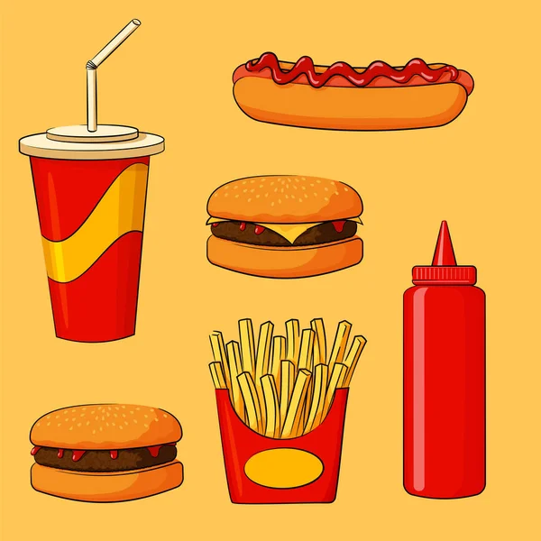 Hamburguesa, hamburguesa con queso, ketchup, papas fritas, bebida y perrito caliente — Archivo Imágenes Vectoriales