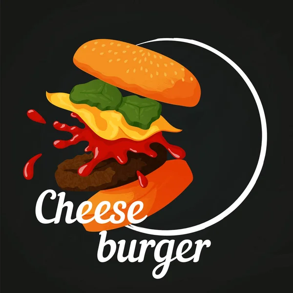 Létající cheeseburger rozdělena do vrstvy na tabuli — Stockový vektor