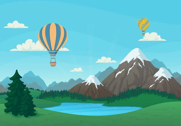 Balony na ogrzane powietrze przelatujące nad śnieżnymi górami, jeziorem i zielonymi łąkami. — Wektor stockowy