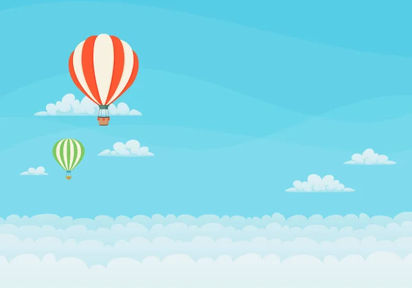 Two hot air balloons flying in the blue sky with clouds. — Stock Vector