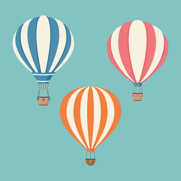 Set of striped hot air balloons on a blue background.