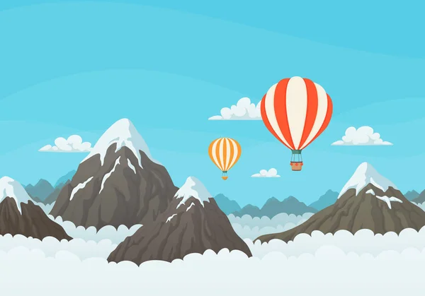 雪の山や雲の上を飛ぶ熱気球. — ストックベクタ