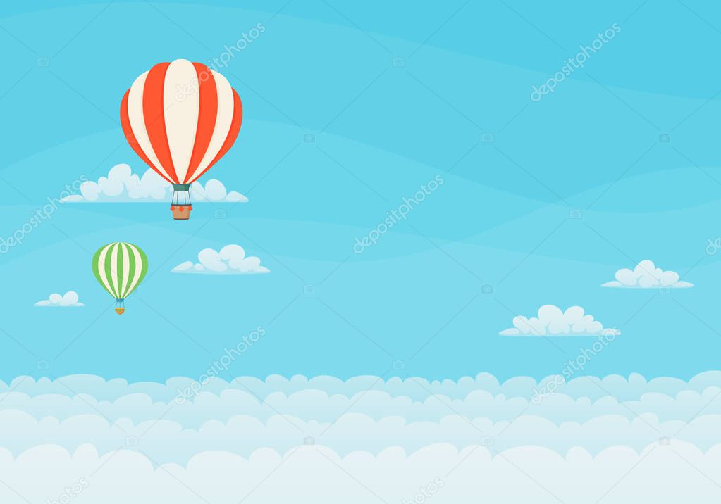 Two hot air balloons flying in the blue sky with clouds.
