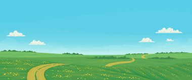 Kırsal toprak yollu yaz manzarası kır çiçekleriyle yeşil tarlalarda akıyor..