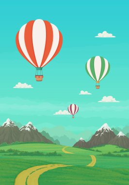 Sıcak hava balonları yeşil çayırlar üzerinde uçuyor toprak yolları ve karlı dağları olan.