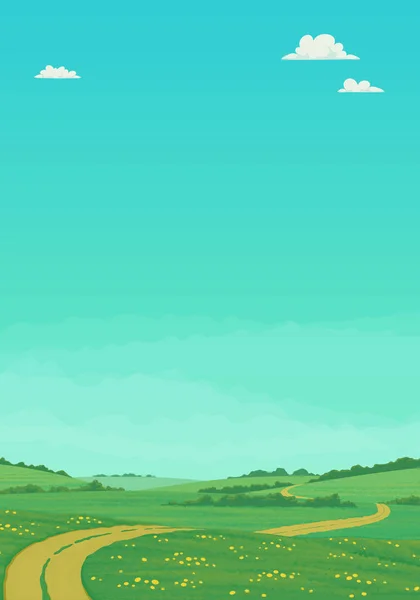 Paisaje de verano con camino de tierra rural que atraviesa verdes prados . — Vector de stock