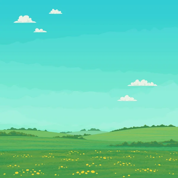 Paisaje de verano con prados verdes con flores silvestres y árboles . — Vector de stock