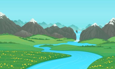 Summer landscape with green meadows, river and snow covered mountains with waterfall. Cartoon vector illustration, card, country background, farming banner template. clipart