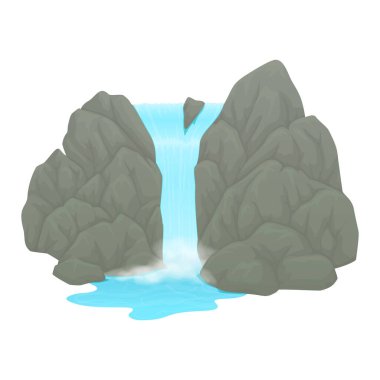 Gri kayaların arasından akan dağ şelalesi beyaz arka planda ıssız bir göle akıyor. Çizgi film vektör illüstrasyonu.