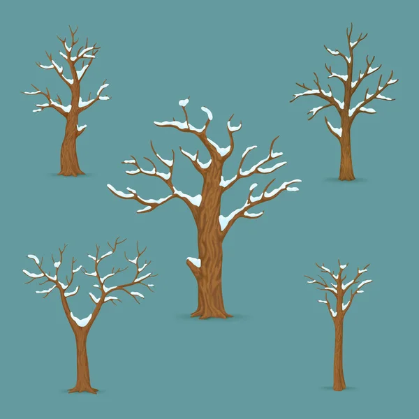 Ensemble Arbres Nus Sans Feuilles Avec Des Branches Couvertes Neige — Image vectorielle