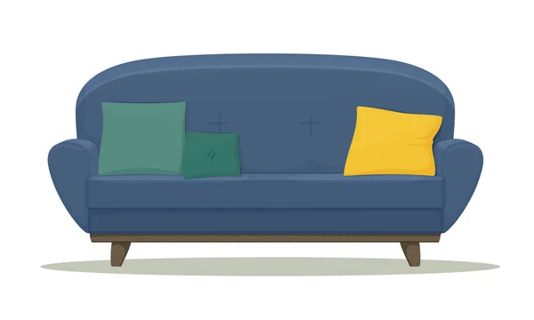 舒适的蓝色沙发 有各种靠垫 与白色背景隔离 卡通画 矢量图标 室内设计部分 — 图库矢量图片