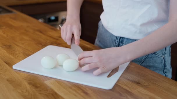 Hands Cut Boiled Egg Salad — Stock Video