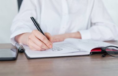 Business Woman not defterinde kalemle yazıyor. Başla. Evde kal.