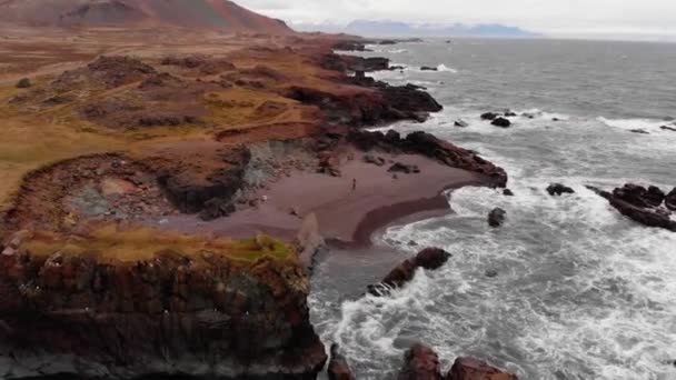 在空中俯瞰这位年轻男子在冰岛海滩的海滨散步 欣赏着大海的美景 无人机射击 — 图库视频影像