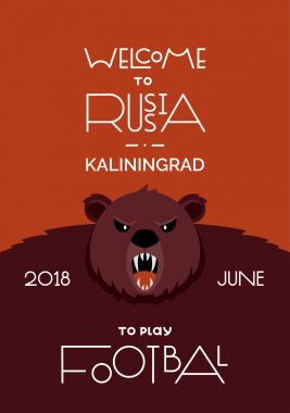 Yazı Rusya hoş geldiniz. Rusya 2018 Dünya Kupası. Bir hayvan kahverengi ayı geleneksel sembolüdür. Poster.