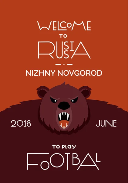 Letras bem-vindas à Rússia. Copa do Mundo FIFA na Rússia 2018. O símbolo tradicional é um urso pardo animal. Cartaz . —  Vetores de Stock