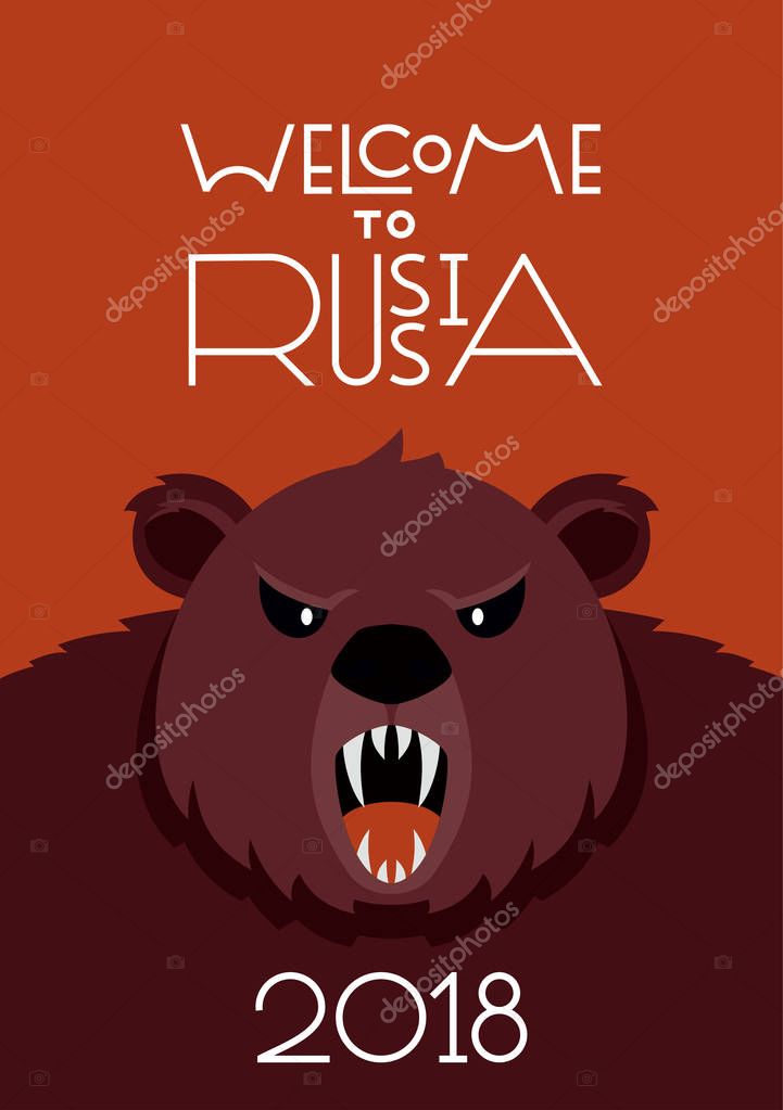 Lettering welcome to Russia. FIFA World Cup in Russia 2018. The traditional symbol of Russia is an animal brown bear. Football vector illustration. Poster and postcard.