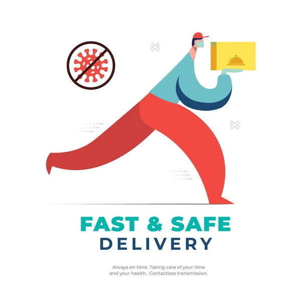 Contactless delivery concept. Fast and safe food delivery. A courier in a disposable mask and gloves delivers the order. Contactless transmission. Guaranteed safety. Stop Covid-19. — Stock Vector