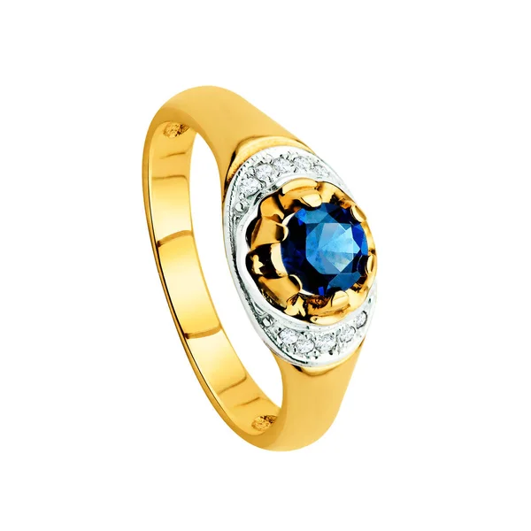 Ring Van Goud Met Diamanten Een Saffier Witte Achtergrond — Stockfoto