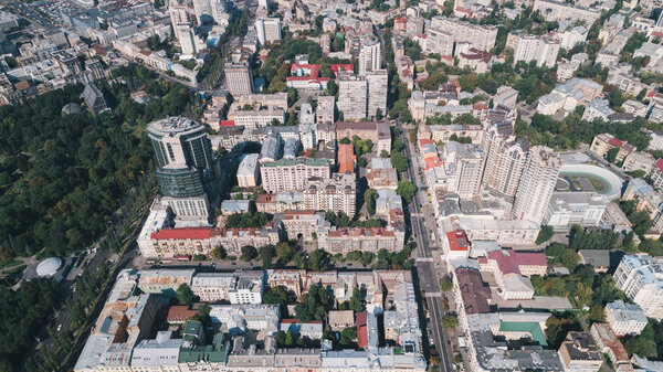 Kiev. Ukraine. August 20, 2017. Hotel Hilton. Aerial view of the metropolis. Building. Road.