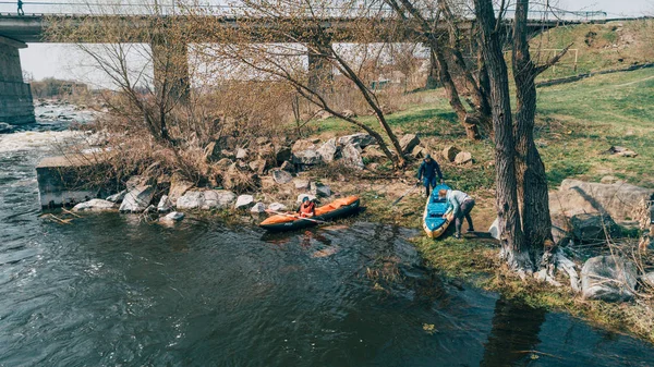 River Ros April 2018 Deshki Ukraine People Kayaks Shore Aerial — Stock Photo, Image