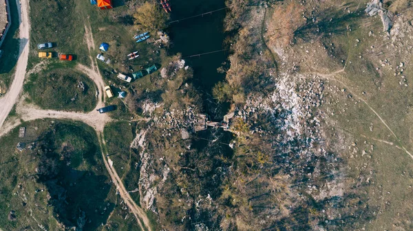 Aerial View River Shore Lie Kayaks Waves Stones Nature Ukraine — Stock Photo, Image