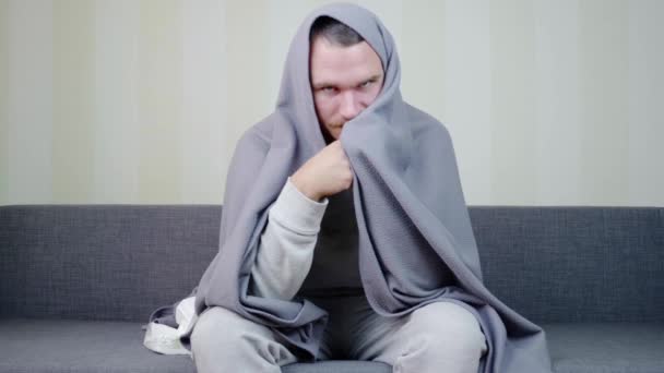 Sick Angry Man Covered Blanket Looks Upset Young Guy Sitting — Stock Video