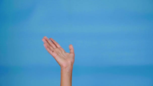 Mano Femenina Ondas Sobre Fondo Azul Con Espacio Para Copiar — Vídeo de stock