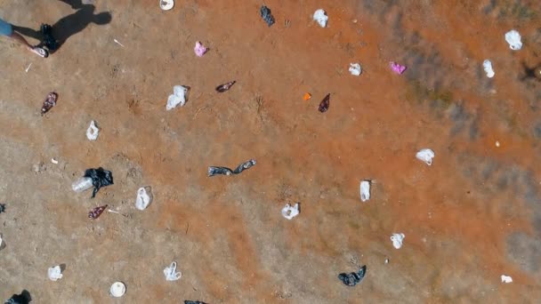 Flygfoto över människan som samlar plast skräp på stranden av förorenade floden — Stockvideo