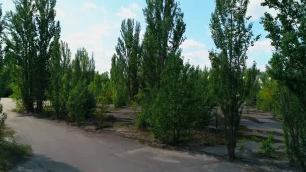 Veduta aerea di strade ricoperte di alberi in città Pripyat vicino al Chernobyl — Video Stock