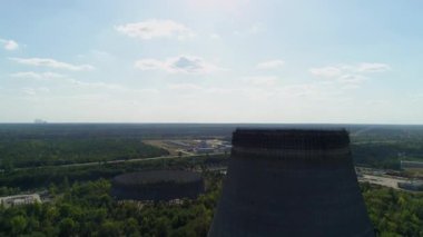 Aerial view of cooling towers for fifth and sixth nuclear reactors of Chernobyl