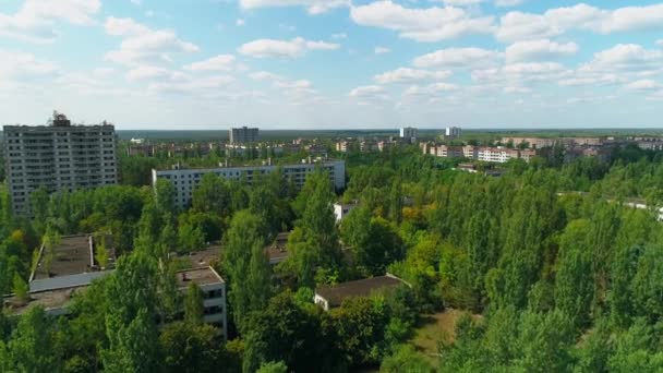 Aerial view of abandoned buildings and streets in city Pripyat near Chernobyl — Stock Video