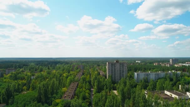 Aerial view of abandoned buildings in city Pripyat near Chernobyl NPP — Stock Video