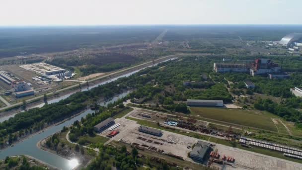 Aerial view of Chernobyl nuclear power plant territory — Stockvideo