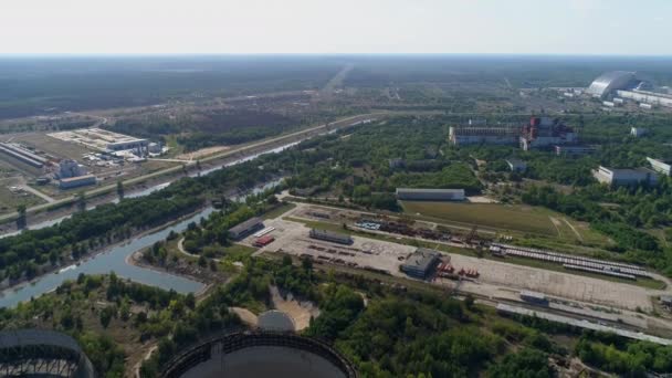 Aerial view of Chernobyl nuclear power plant territory — ストック動画