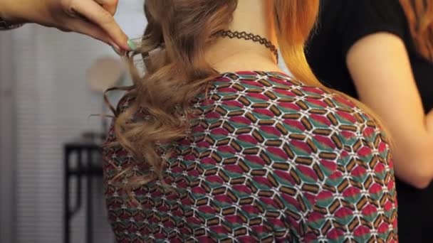 Coiffeur professionnel redresse les cheveux d'une femme — Video