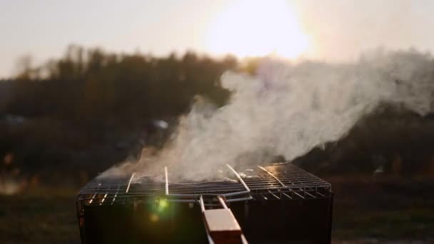 Korv kokas i rök på grillen på en solnedgång bakgrund — Stockvideo