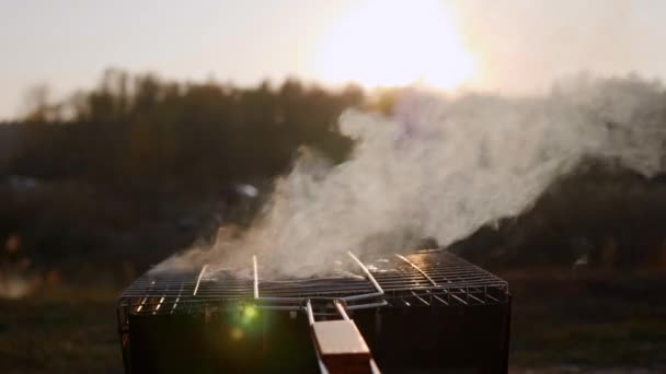 Les saucisses sont cuites en fumée sur le gril sur un fond de coucher de soleil — Video