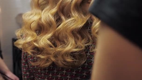 Close-up professionele hairstylist corrigeert en sprays een vrouw haarlak — Stockvideo