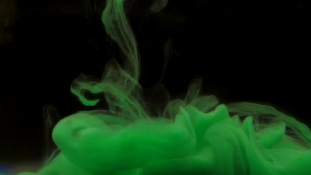 Encre verte colorée mélangeant dans l'eau, tourbillonnant doucement sous l'eau. Mouvement lent — Video