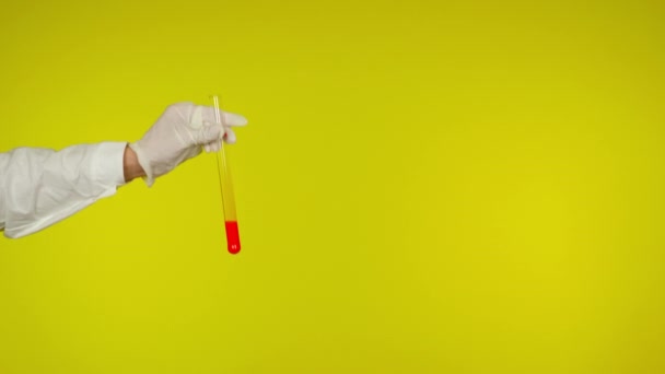 Рука в медицинском пальто и перчатки защиты показать стеклянную трубку с красным веществом — стоковое видео