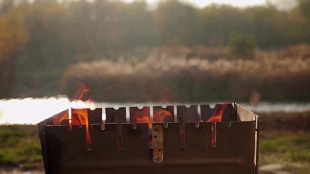 Le feu brûle dans le gril. Concept de cuisson au gril sur la nature — Video