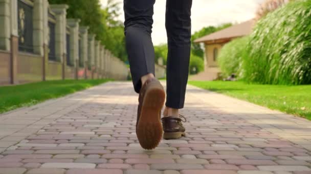 Ноги человека в обуви и брюках идут по парку вдоль каменного тротуара — стоковое видео