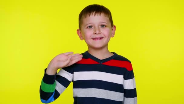 Привіт або прощай. Веселий маленький хлопчик посміхається, хвилює руку в камеру — стокове відео